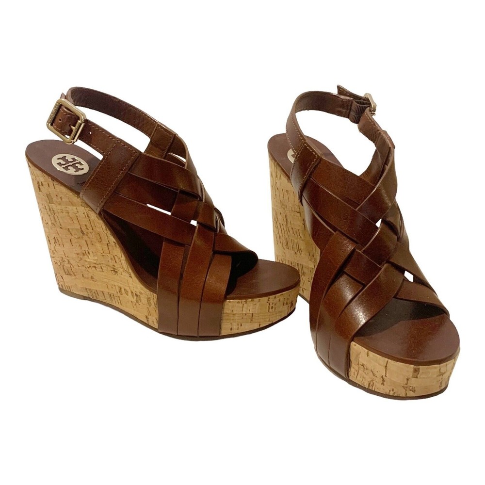 Tory Burch Ace High Platform Cork Wedge Sienna Leather Sandals Size 9.5